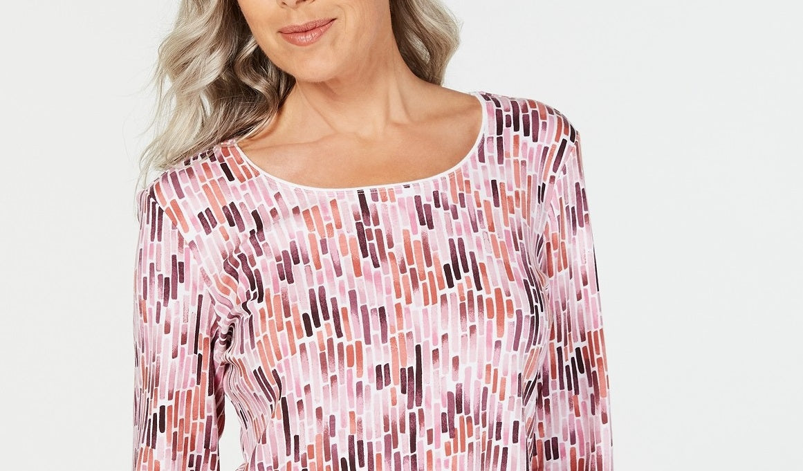 Karen Scott Women's Printed 3/4-Sleeve Top Autumn Berry Size Petite Large