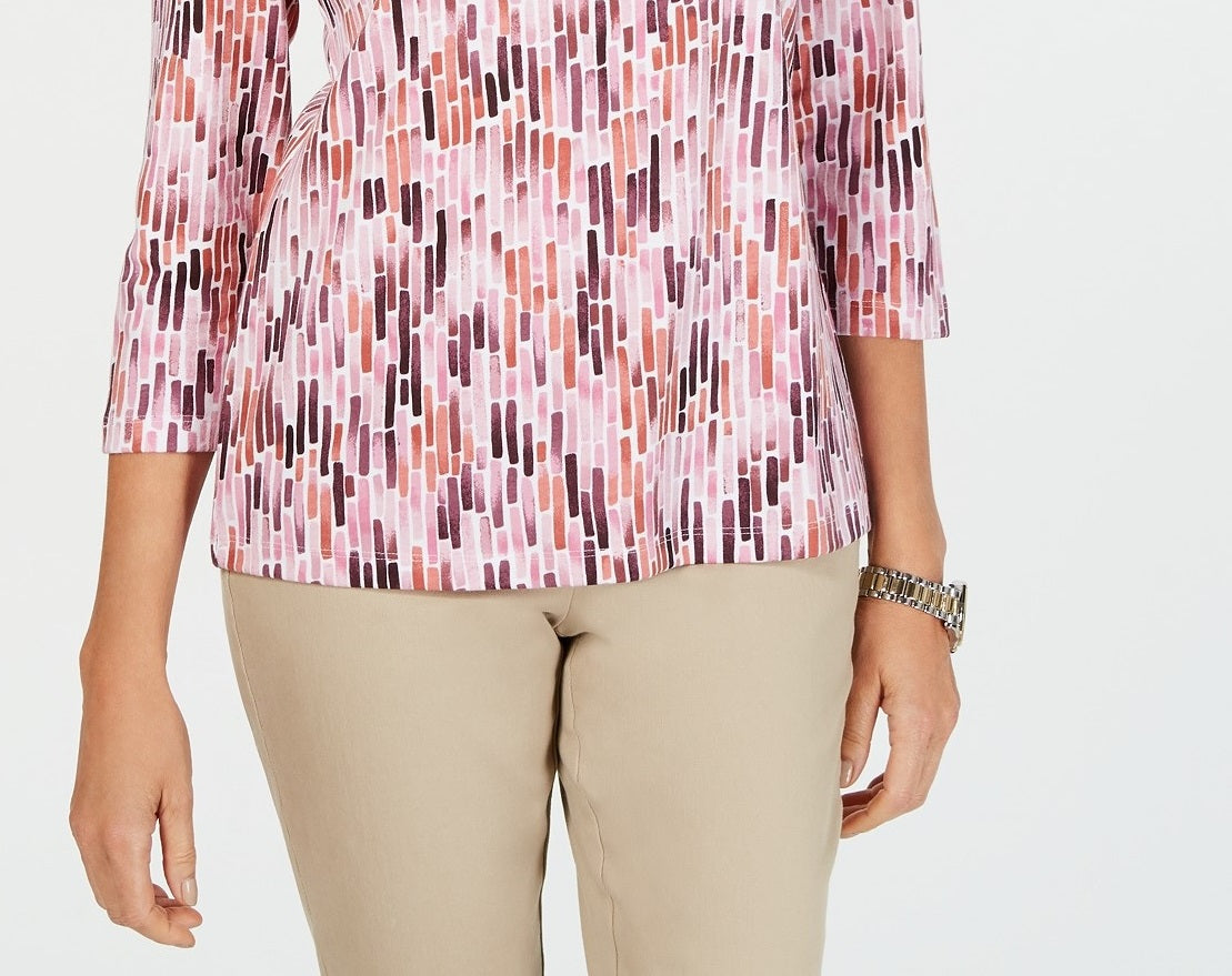 Karen Scott Women's Printed 3/4-Sleeve Top Autumn Berry Size Petite Large