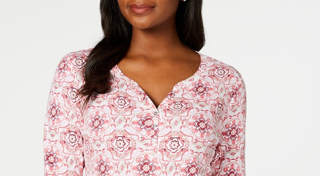 Karen Scott Women's Printed 3/4-Sleeve Henley Top  Mellow Rose Size Petite Small