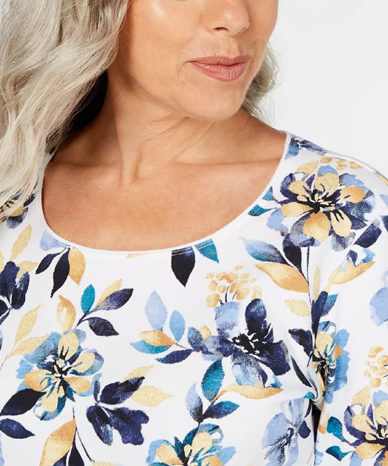 Karen Scott Women's Petite Floral-Print 3/4-Sleeve Top Blue Size Small