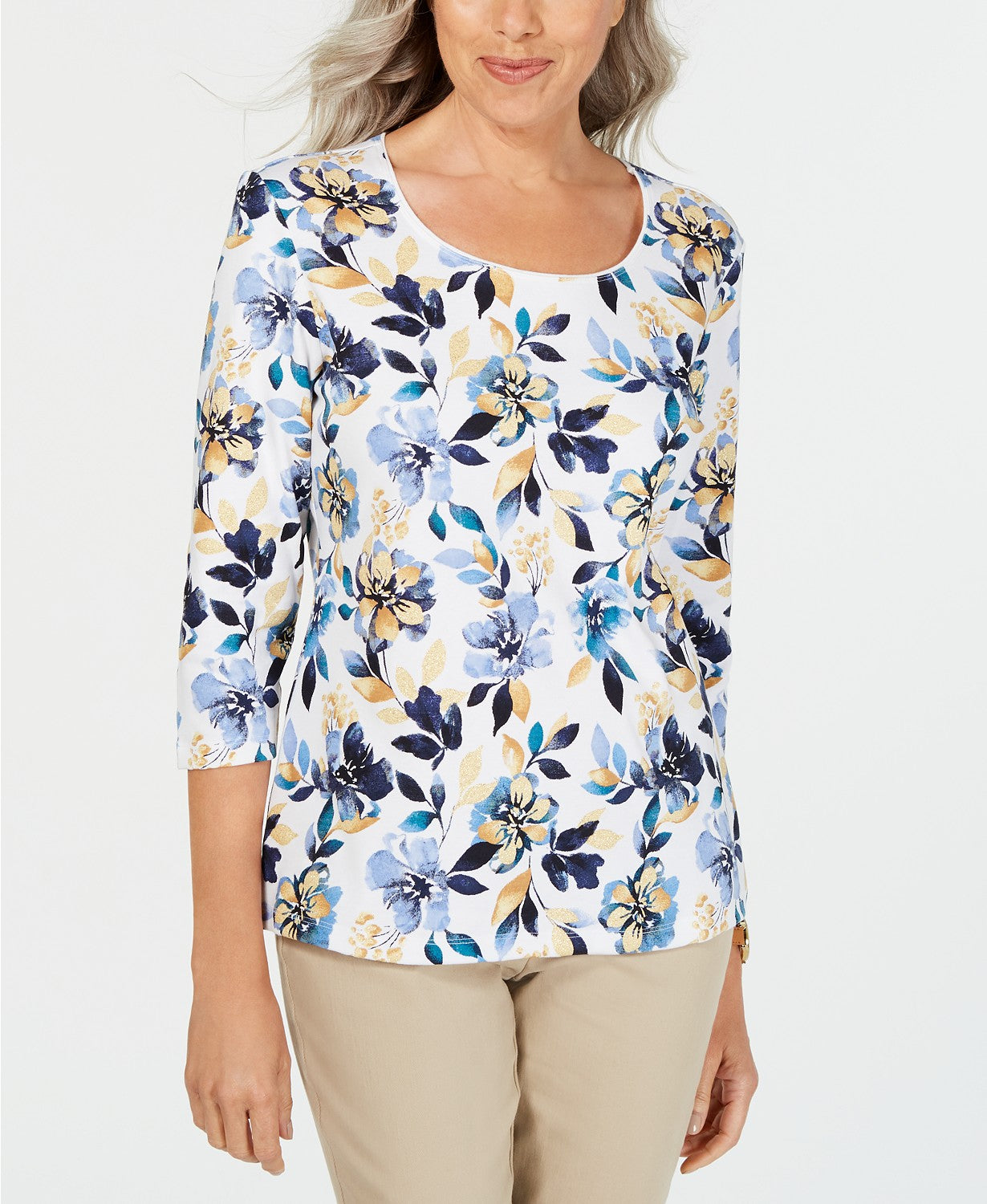 Karen Scott Women's Petite Floral-Print 3/4-Sleeve Top Blue Size Small