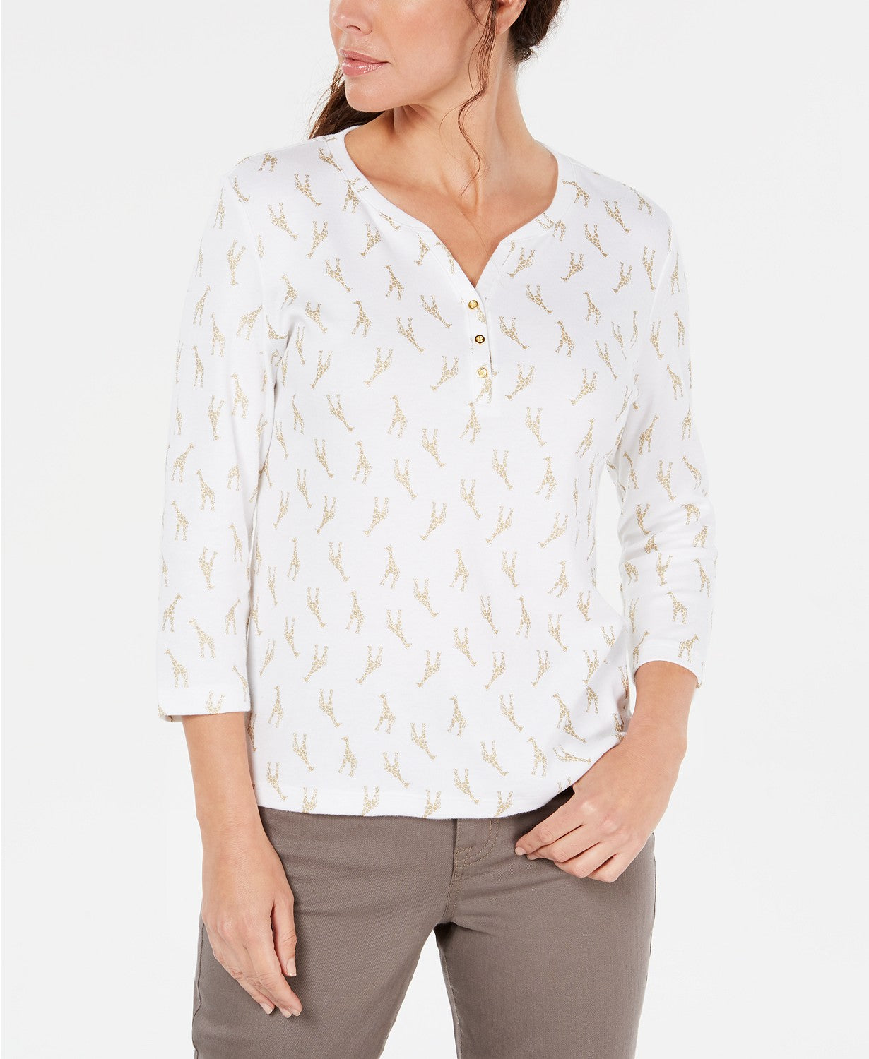 Karen Scott Women's Petite Giraffe-Print Henley Top White Size Small