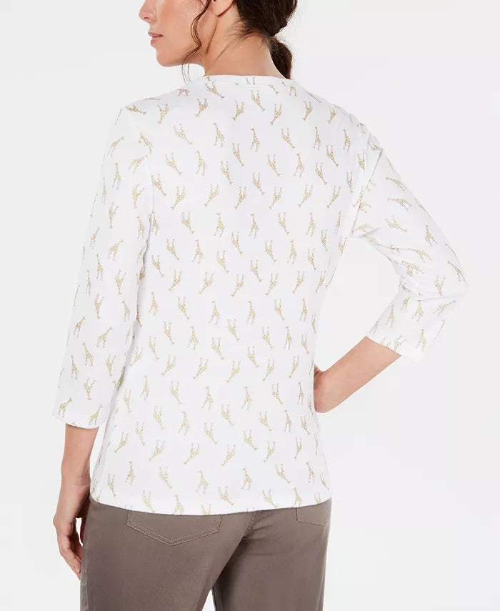 Karen Scott Women's Petite Giraffe-Print Henley Top White Size Small