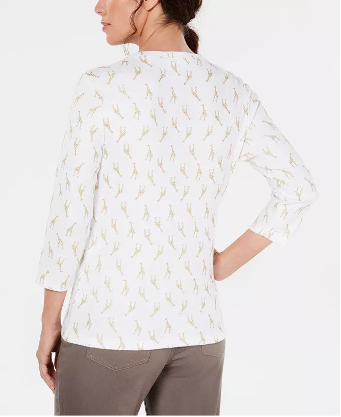 Karen Scott Women's Giraffe-Print Henley White Size Petite Large