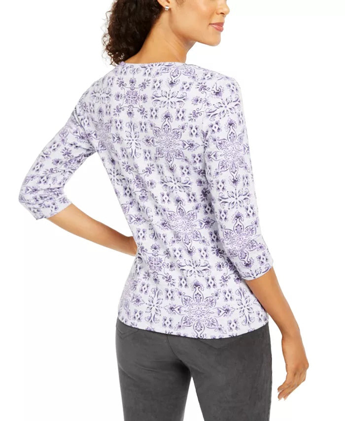 Karen Scott Women's Petite Printed 3/4-Sleeve Henley Top Purple Size Medium