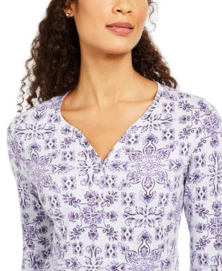 Karen Scott Women's Petite Printed 3/4-Sleeve Henley Top Purple Size Medium