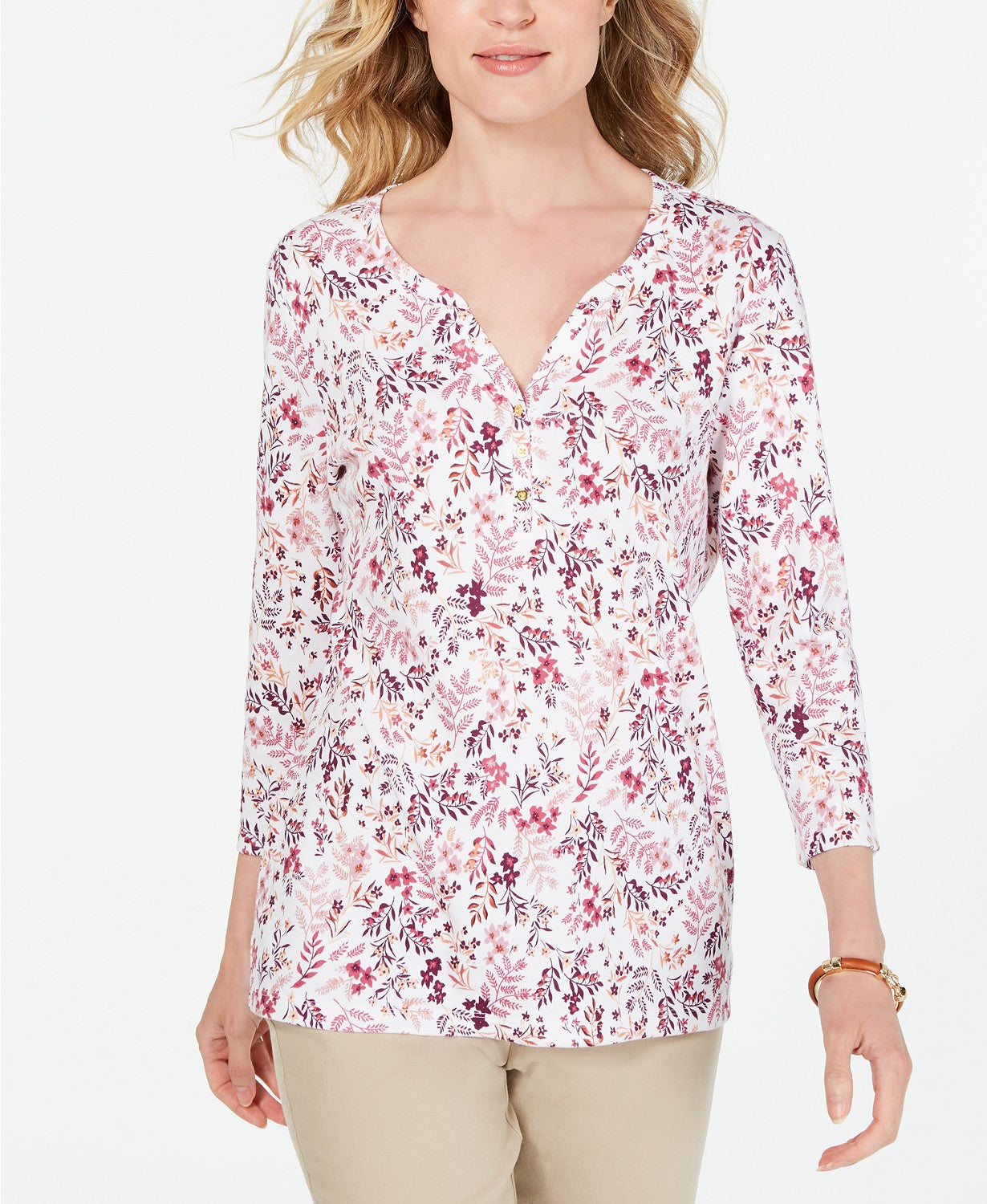 Karen Scott Women's Petite Floral-Print Henley Top White Size Petite