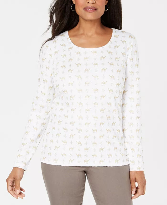 Karen Scott Women's Petite Camel-Print Top White Size Petite