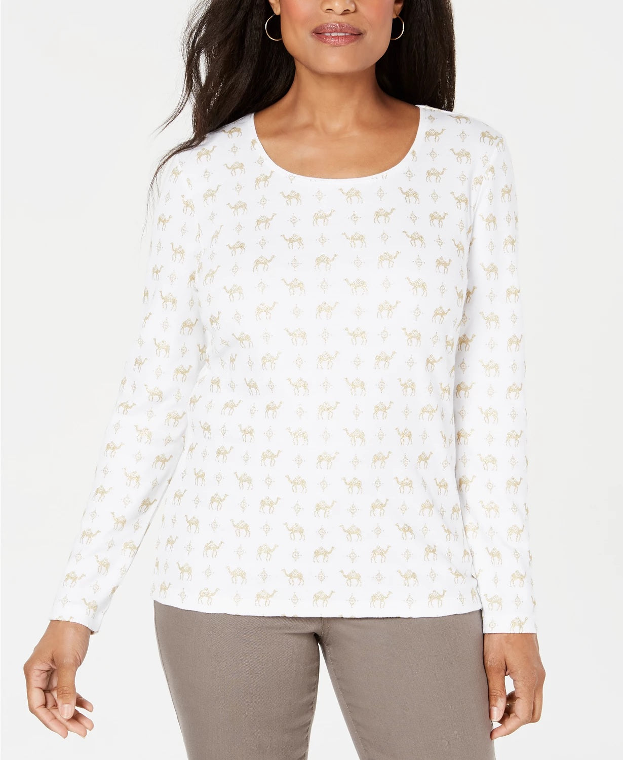 Karen Scott Women's Petite Camel-Print Top  White Size Petite Small