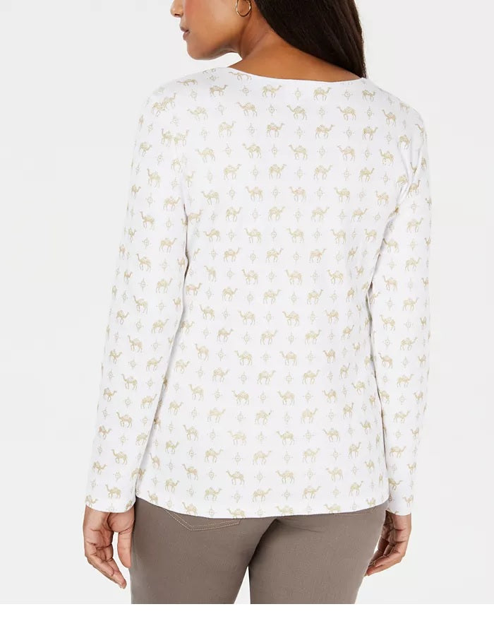 Karen Scott Women's Petite Camel-Print Top  White Size Petite Small