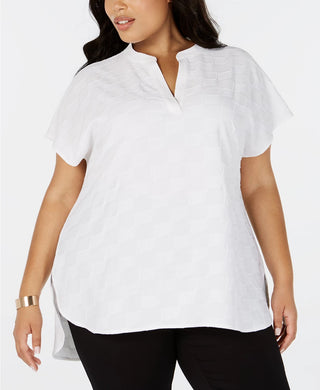 Alfani Women's Split Neck Textured Top White Size 1X