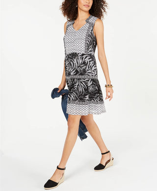 Style & Co Women's Petite Printed Peasant Dress Black Size Petite