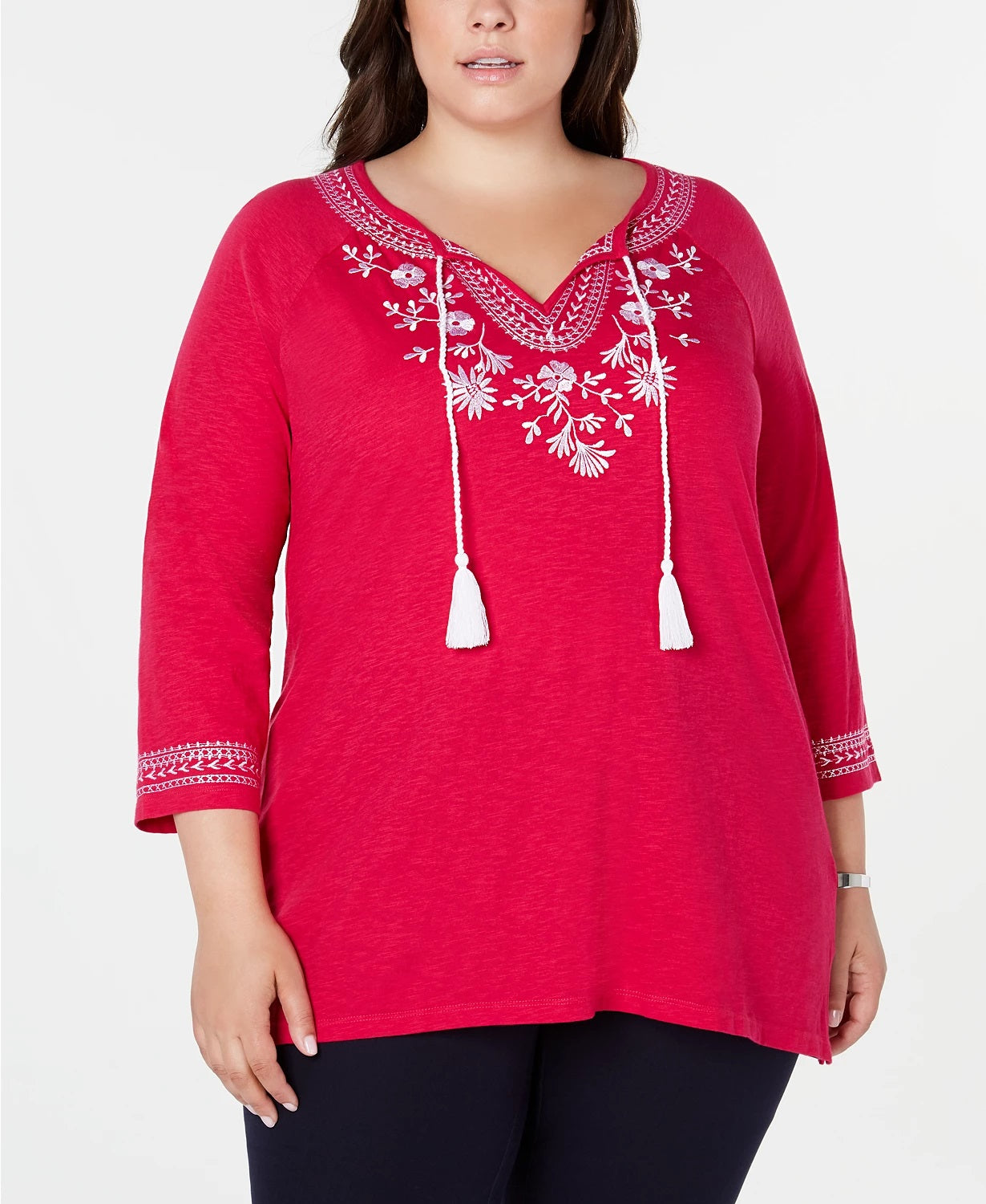 Charter Club Women's Plus Size Cotton Embroidered Peasant Top Dark Pink Size 2X