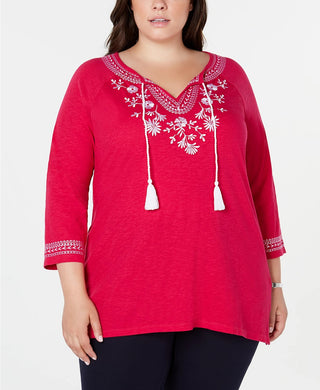 Charter Club Women's Plus Size Cotton Embroidered Peasant Top Dark Pink Size 2X