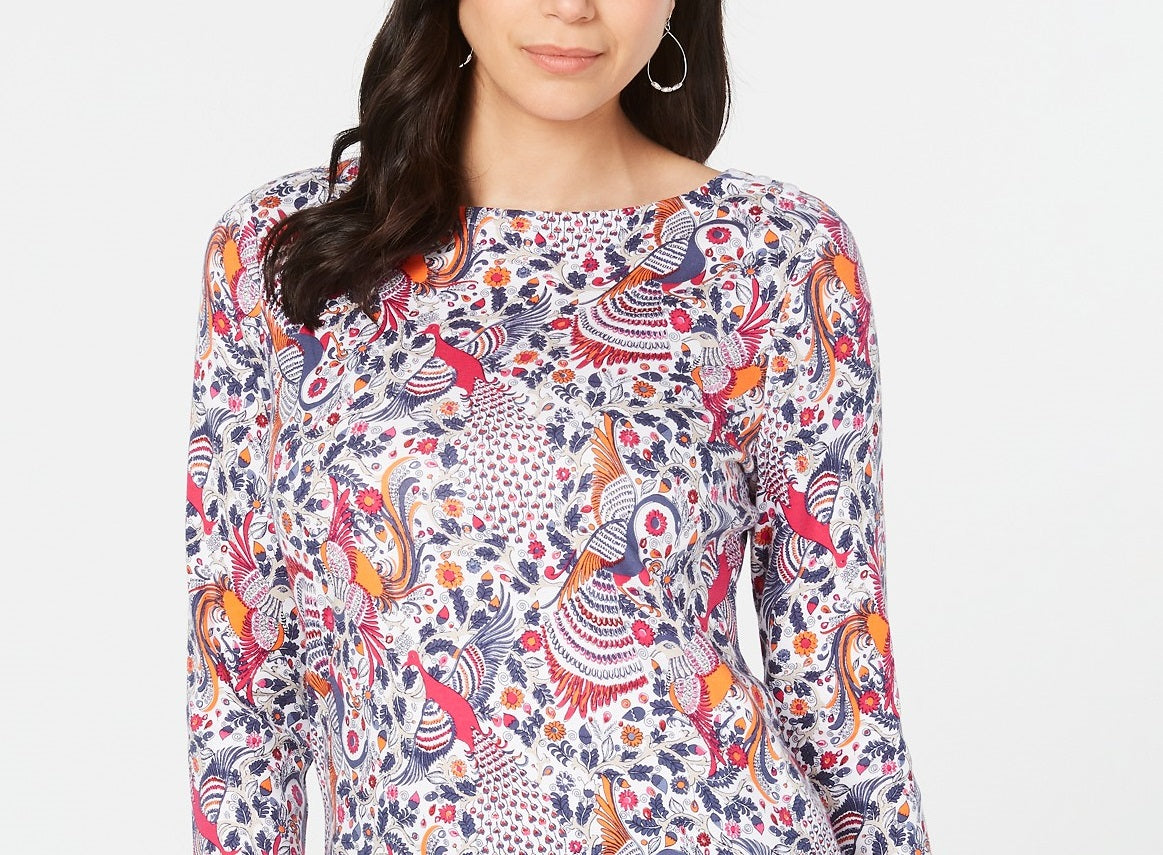 Charter Club Women's Pima Cotton Printed Boat-Neck Top White Size Small