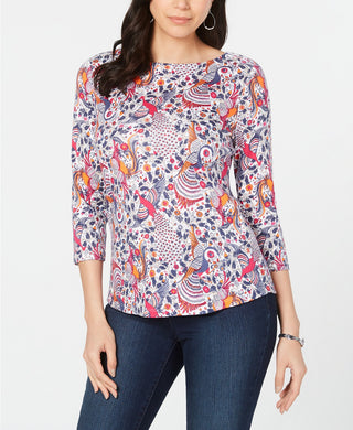 Charter Club Women's Pima Cotton Printed Boat-Neck Top White Size Extra Large