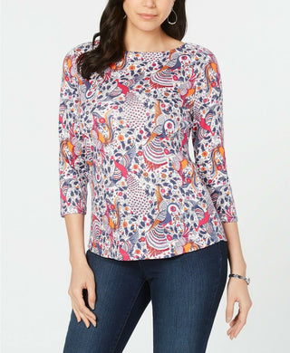 Charter Club Women's Pima Cotton Printed Boat-Neck Top White Size XX-Large