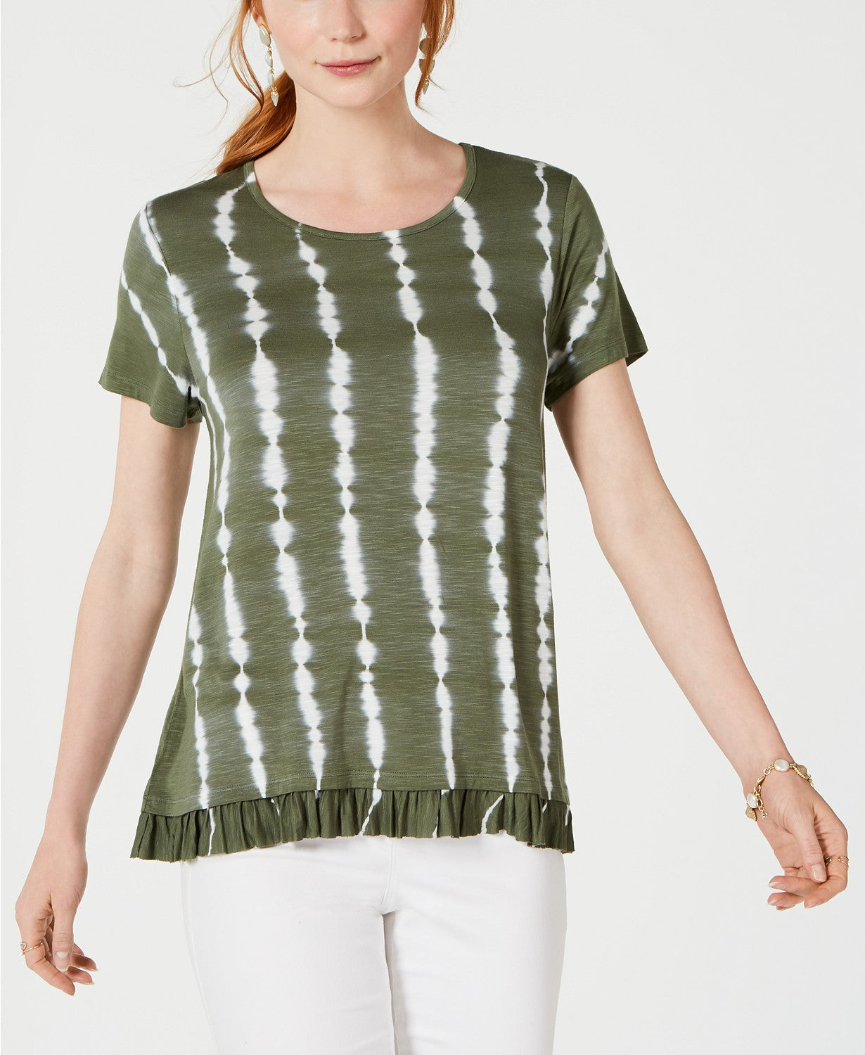 Style & Co Women's Tie-Dyed Ruffle-Hem Top  Med Green Size Large