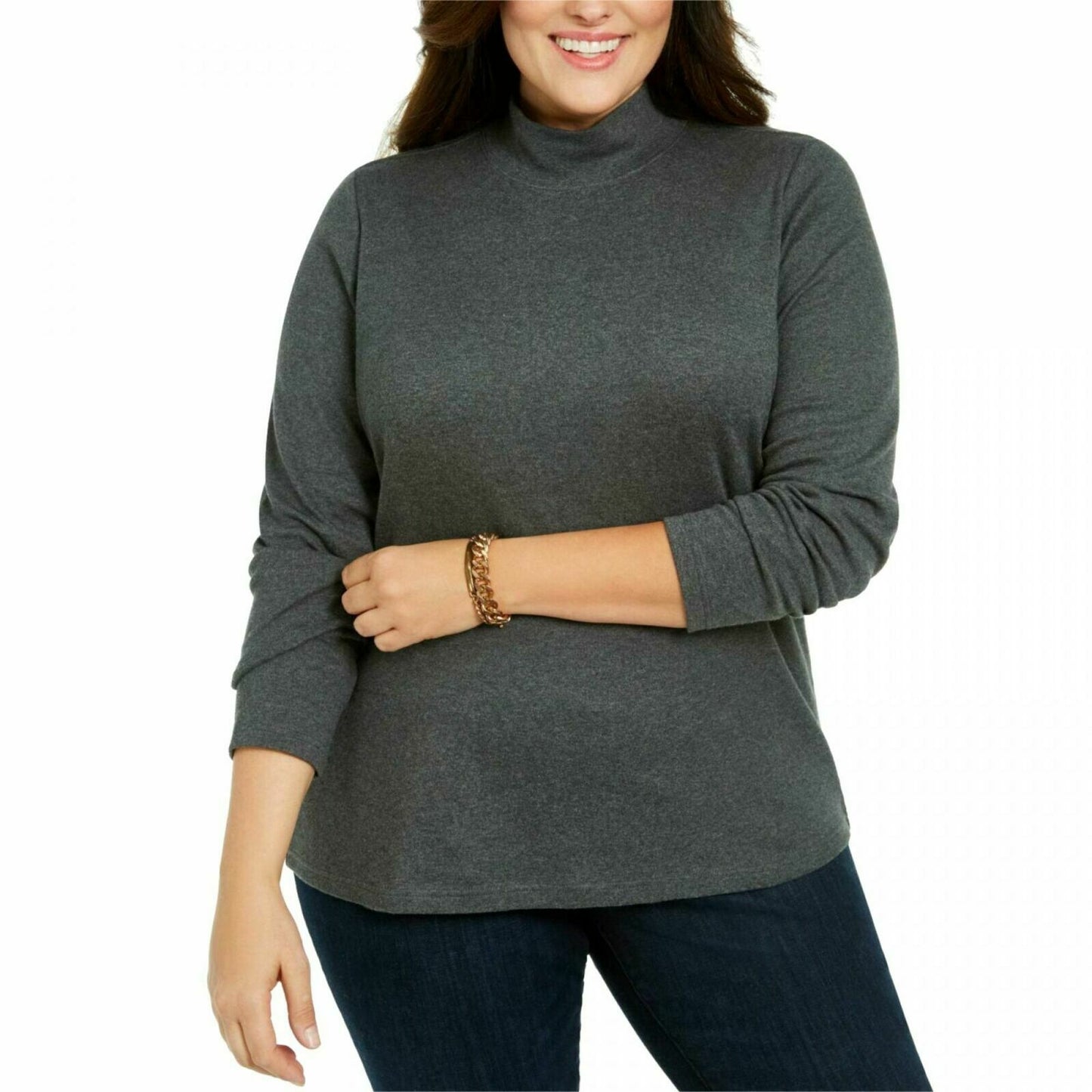 Karen Scott Women's Cotton Mock-Neck Top Charcoal Size Extra Large