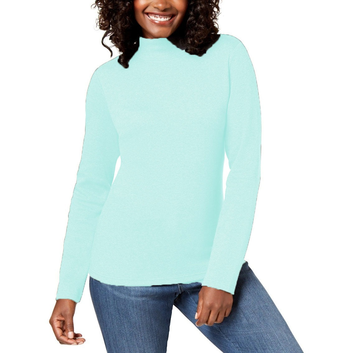 Karen Scott Women's Petite Cotton Mock-Neck Top Aqua Size Petite