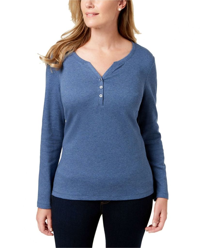 Karen Scott Women's Cotton Henley Top  Blue Size Small