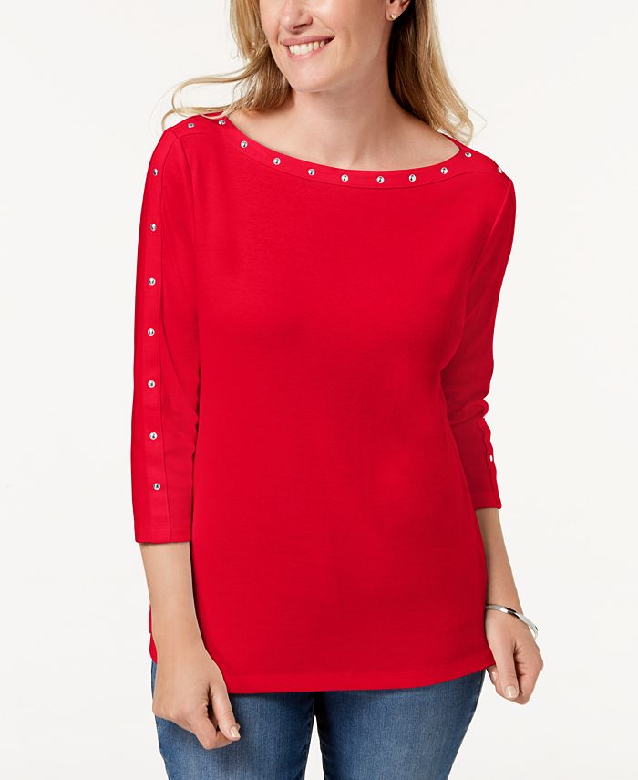 Karen Scott Women's Cotton Boat-Neck Studded Top Red Size Large