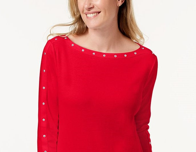 Karen Scott Women's Cotton Boat-Neck Studded Top Red Size Large