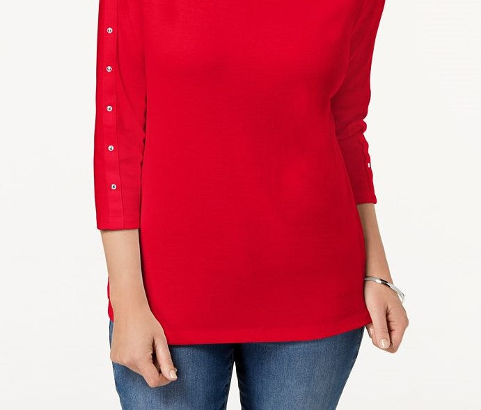 Karen Scott Women's Cotton Boat-Neck Studded Top Red Size Large