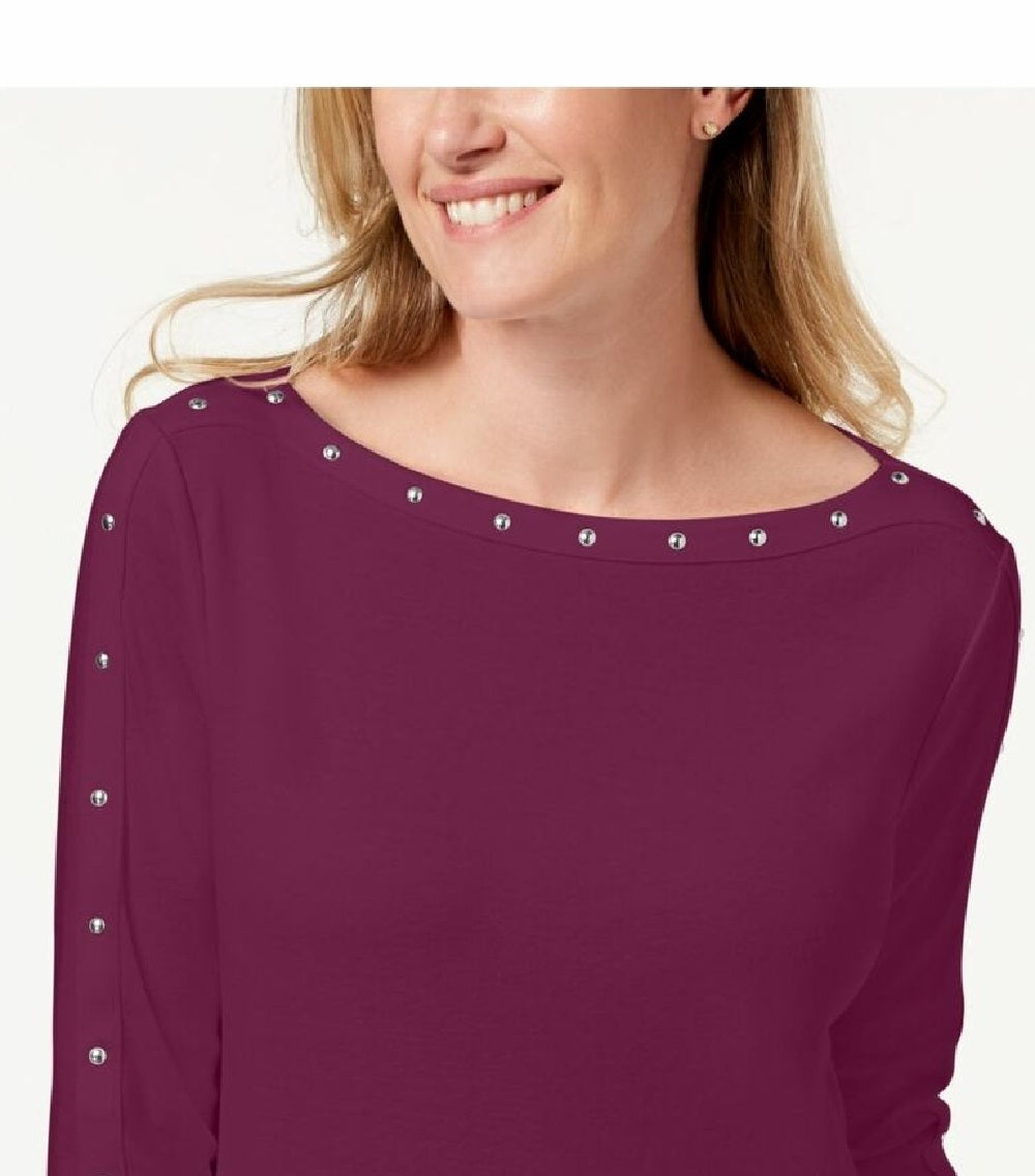 Karen Scott Women's Cotton Boat-Neck Studded Top Purple Size Small