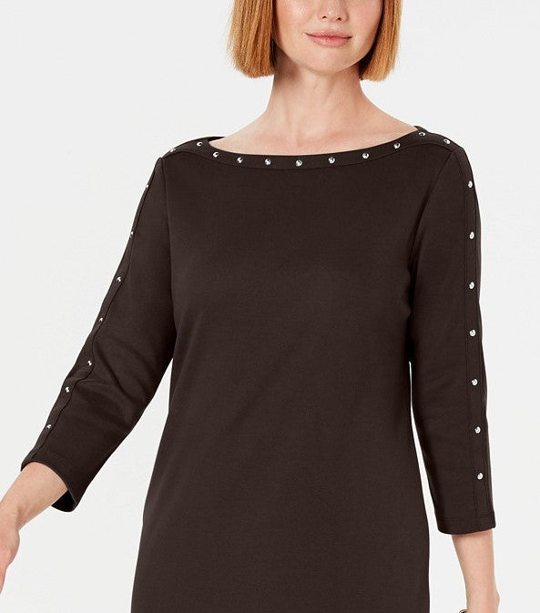 Karen Scott Women's Petite Boat-Neck Studded Dress Brown Size Petite