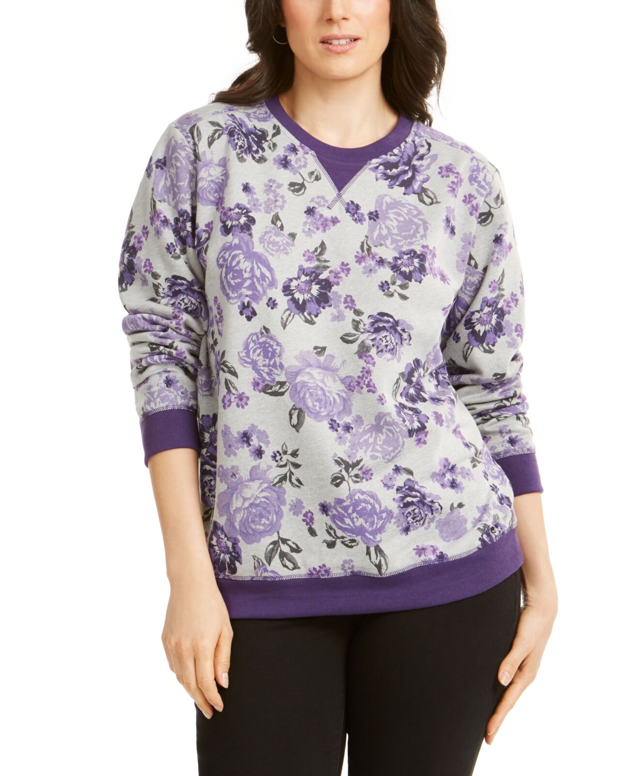 Karen Scott Women's Floral-Print Fleece Sweatshirt Cassis Size Medium