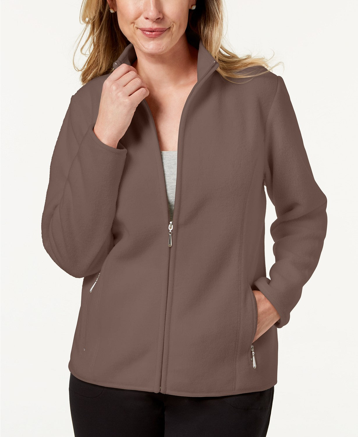 Karen Scott Women's Petite Zeroproof Fleece Jacket Brown Size Petite Large