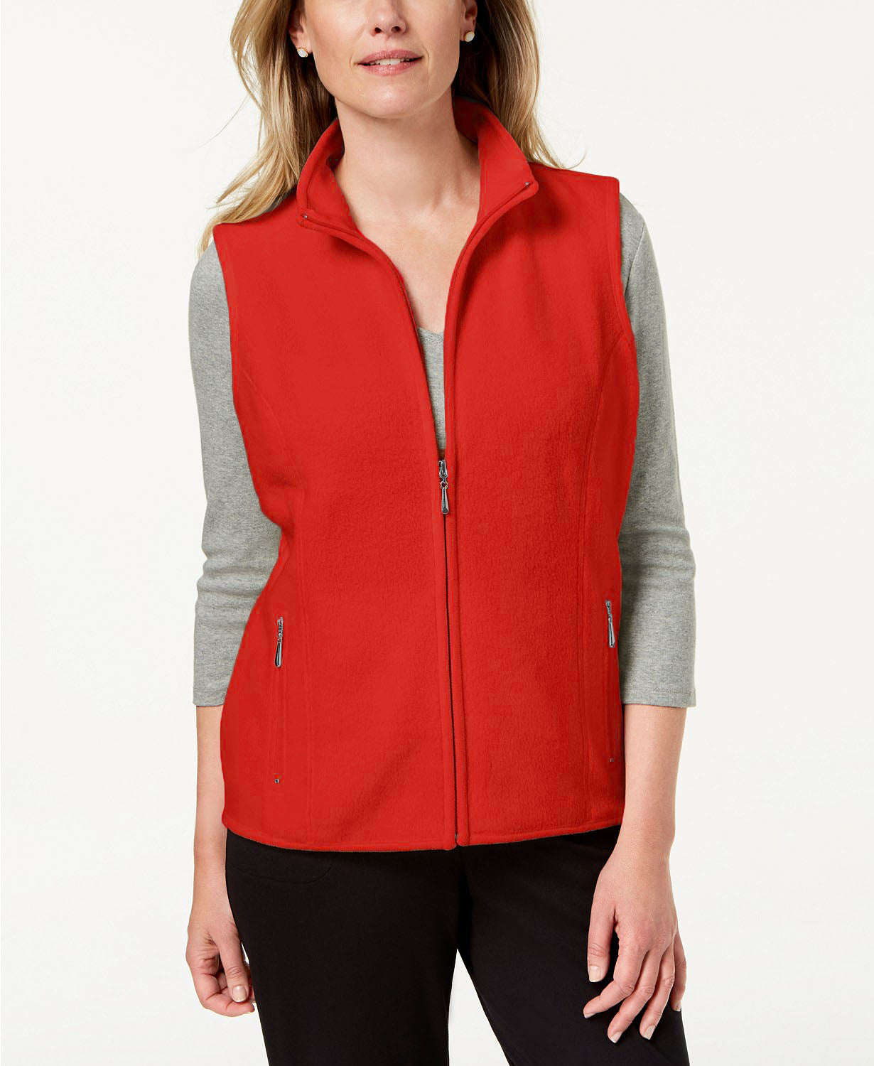 Karen Scott Women's Petite Fleece Zip-Front Vest  Red Size Petite Small