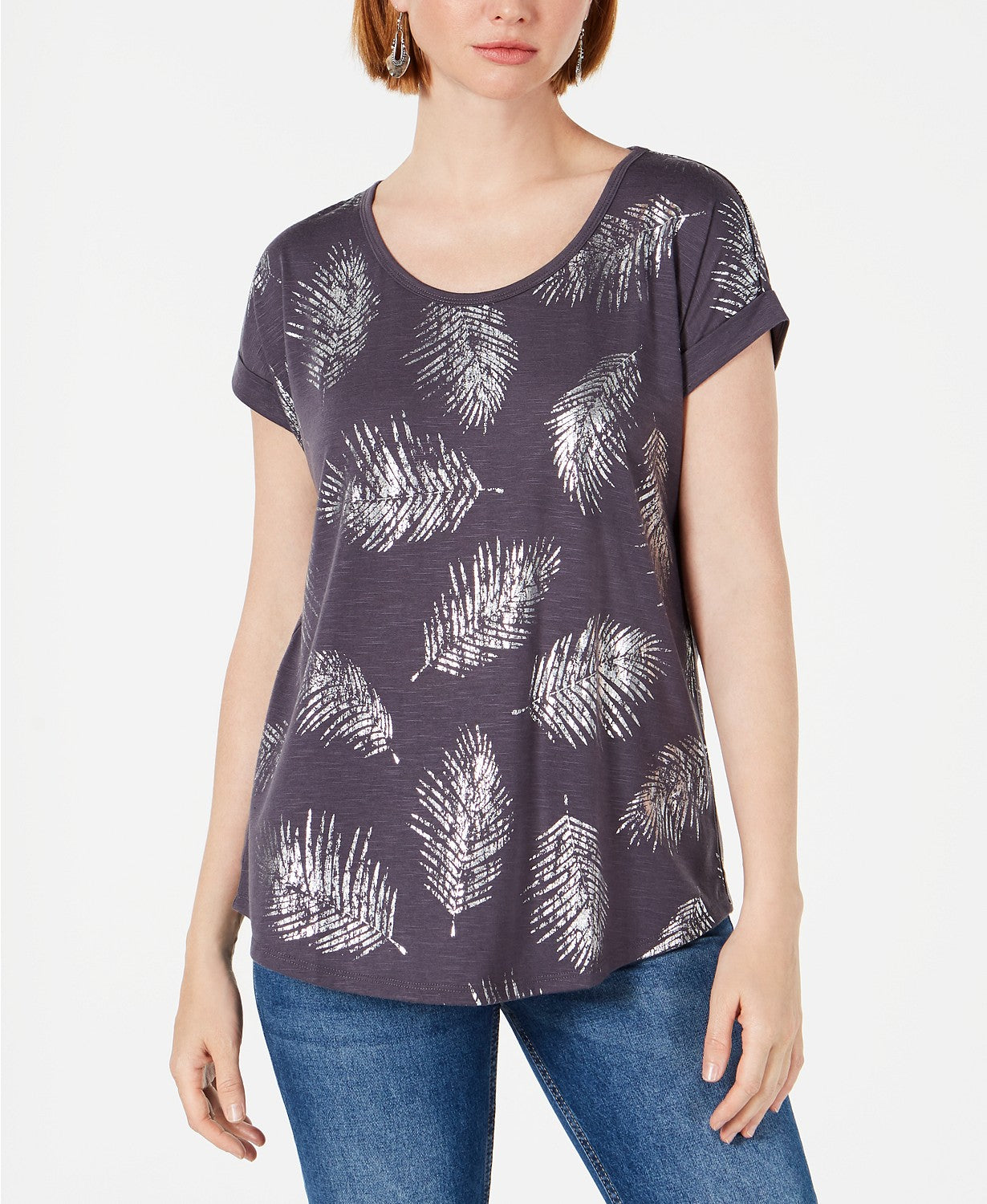 Style & Co Women's Leaf-Print Scoop-Neck Top  Gray Size Small