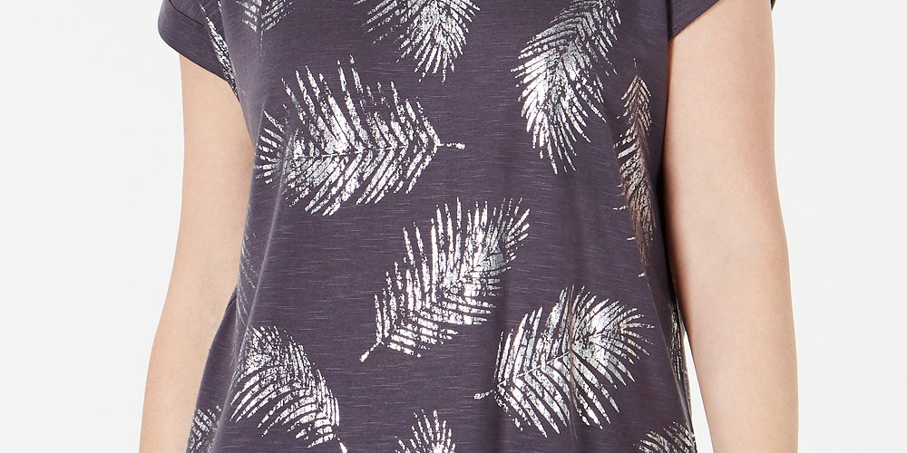Style & Co Women's Leaf-Print Scoop-Neck Top  Gray Size Small