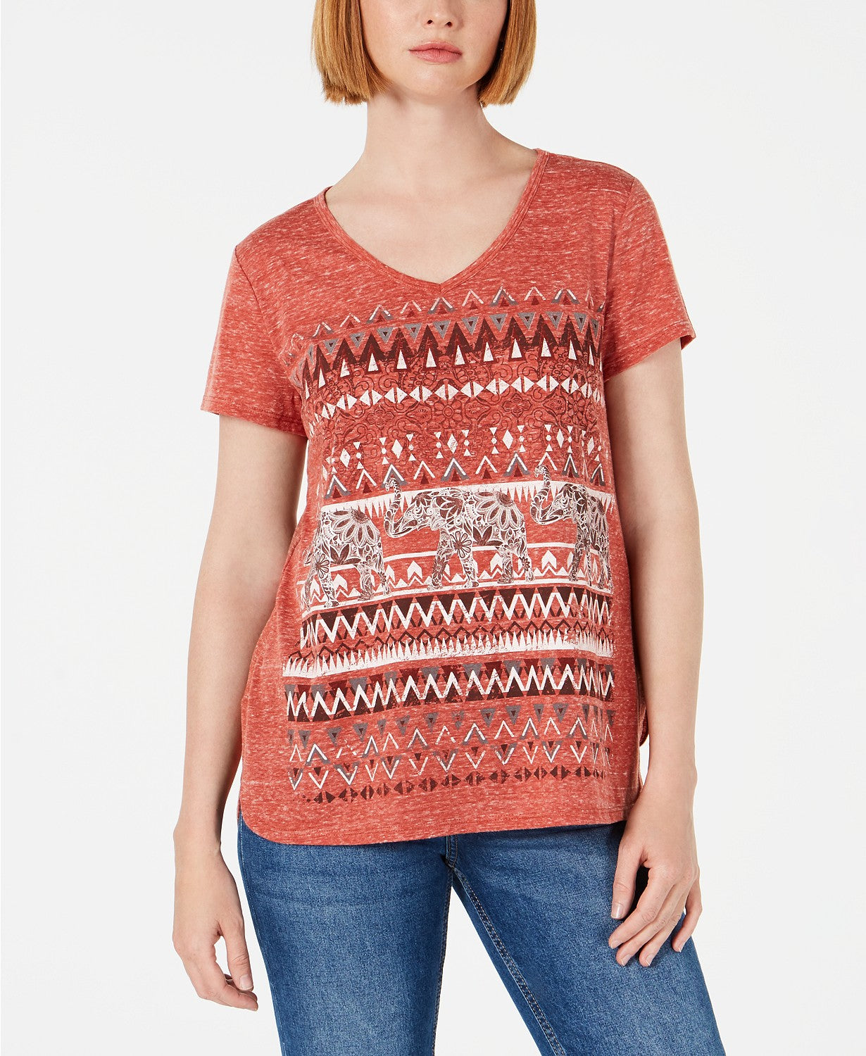 Style & Co Women's Graphic V-Neck Top Orange Size Extra Large