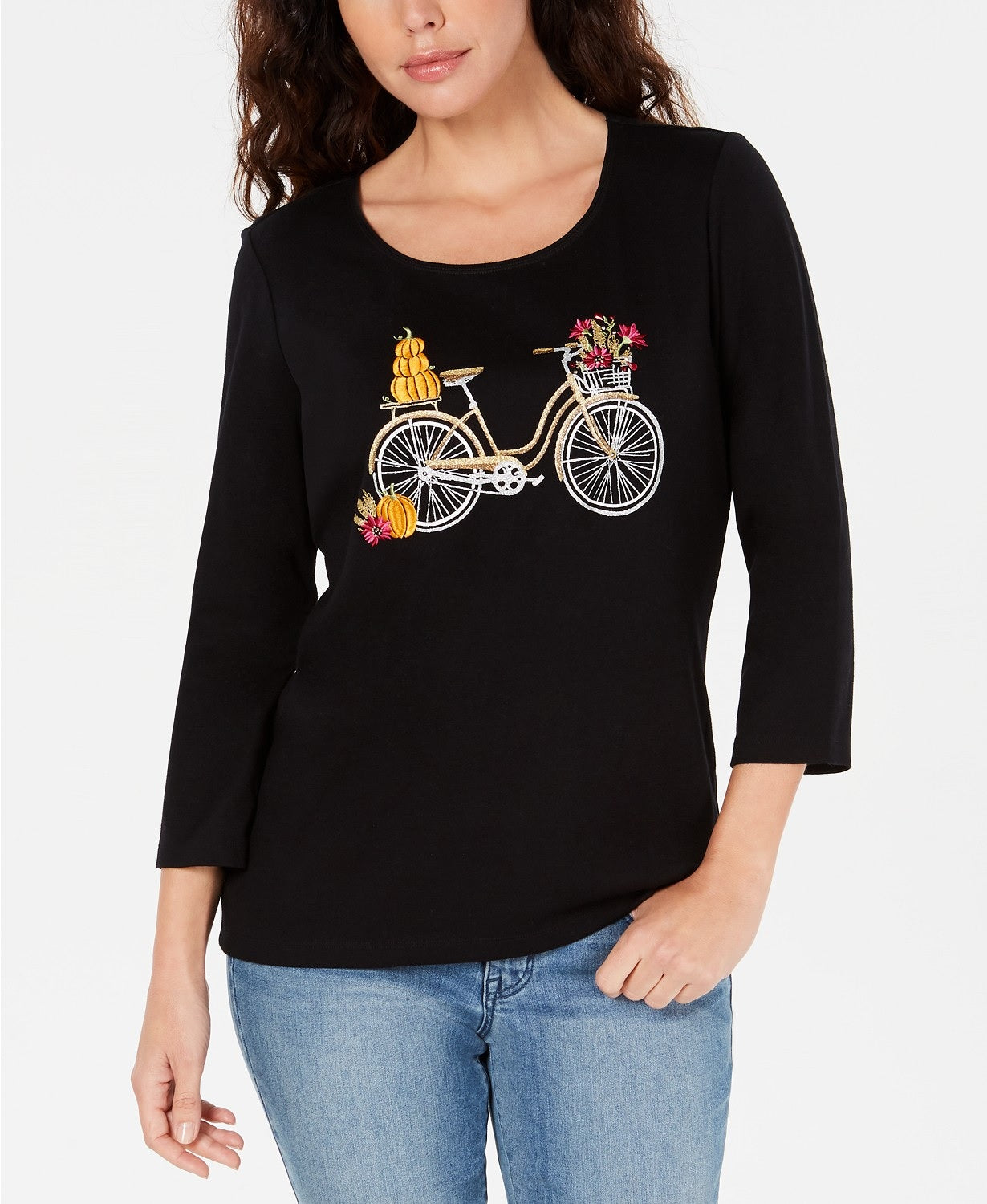 Karen Scott Women's Embroidered Bicycle Top Deep Black Size Small