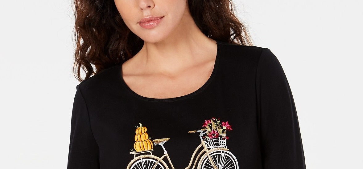 Karen Scott Women's Embroidered Bicycle Top Deep Black Size Small