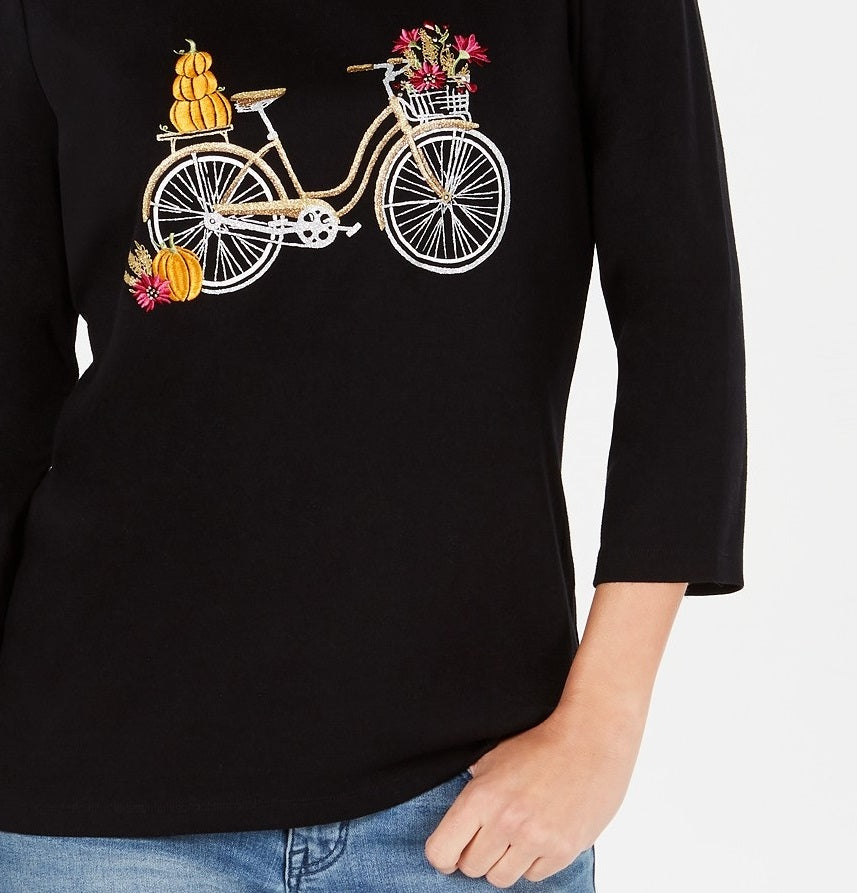 Karen Scott Women's Embroidered Bicycle Top Deep Black Size Small