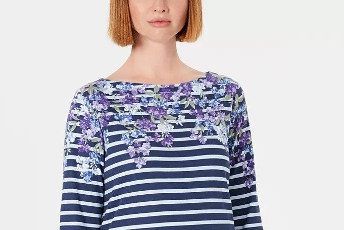 Karen Scott Women's Three-Quarter-Sleeve Printed Top Blue Size Small