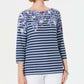 Karen Scott Women's Petite Floral Striped Boat-Neck Top Blue Size Medium