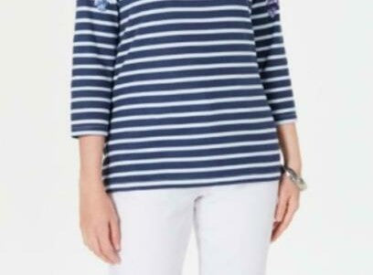 Karen Scott Women's Petite Floral Striped Boat-Neck Top Blue Size Medium