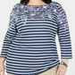 Karen Scott Women's Petite Floral Striped Boat-Neck Top Blue Size Petite