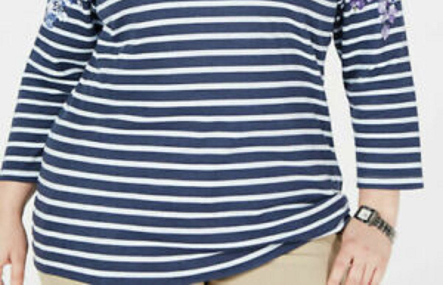 Karen Scott Women's Petite Floral Striped Boat-Neck Top Blue Size Petite