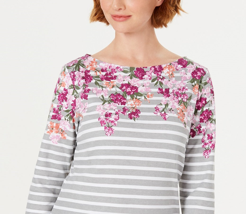 Karen Scott Women's Petite Floral Striped Boat-Neck Top  Gray Size Extra Large