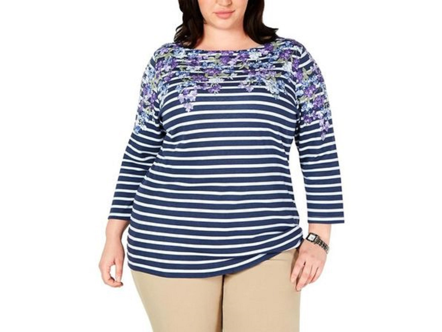 Karen Scott Women's Plus Size Mixed-Print 3/4-Sleeve Top  Blue Size Extra Large