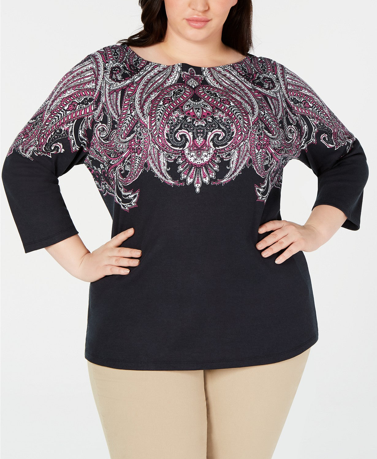 Karen Scott Women's Plus Size Printed 3/4-Sleeve Top Black Size 2X