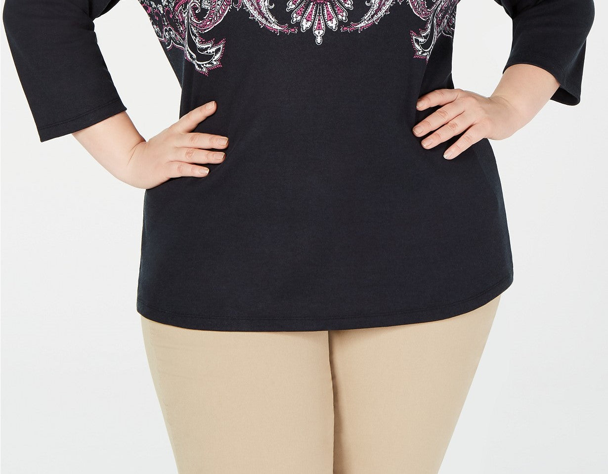 Karen Scott Women's Plus Size Printed 3/4-Sleeve Top Black Size 2X