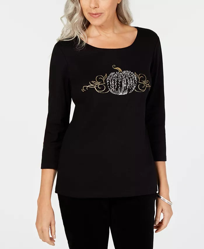 Karen Scott Women's 3/4 Sleeve Embellished Cotton Top Black Size Small
