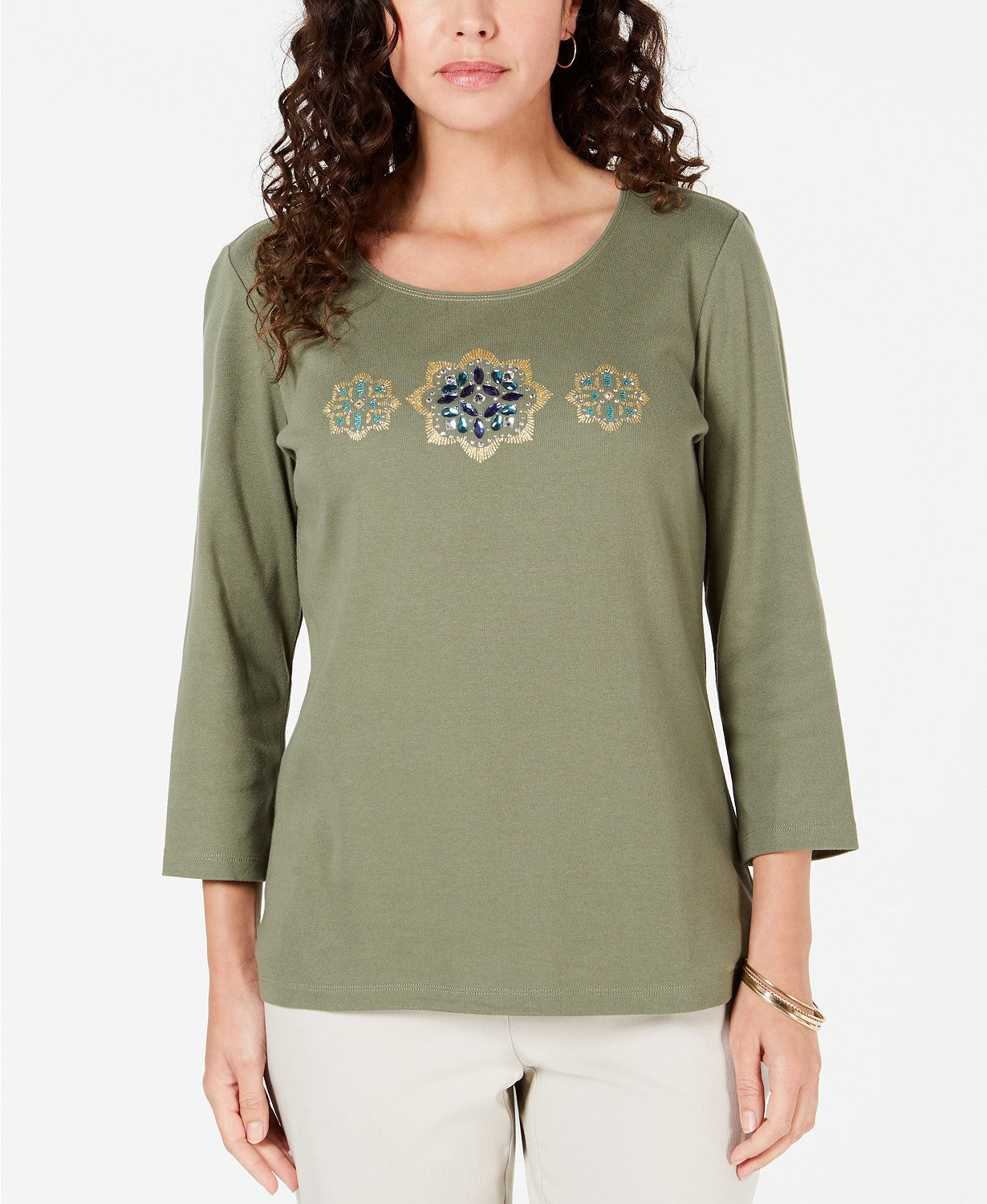 Karen Scott Women's Cotton Glitter Floral-Graphic Top Green Size Small